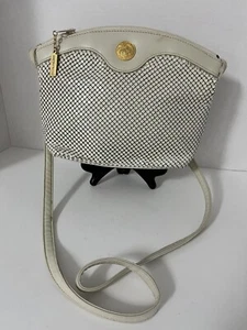Vintage Whiting & Davis Mesh Metal and Leather Shoulder Bag Cream With Gold - Picture 1 of 9