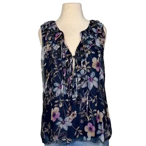 Johnny Was marineblau Blumenmuster 100 % Seide Travis Chiffon Rüsche ärmellose Bluse Größe S - Bild 1 von 12