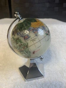 Mini Semi-precious Stone Rotating World Map Silver Plated Stand-Desktop 5 1/2”T - Picture 1 of 10