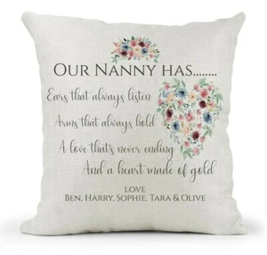 Personalised Cushion Nanny Has Heart of Gold Poem Grandchildren Pink Floral Gift - Bild 1 von 4