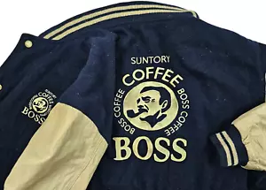 HOT VTG Men's SUNTORY BOSS COFFEE BOMBER VARSITY WOOL LEATHER NAVY BLUE Jacket M - Picture 1 of 15