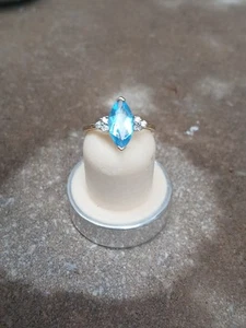 Genuine Blue Aquamarine Ring  with Genuine Diamonds in 10 Kt Gold. Size 6.5 - Picture 1 of 2