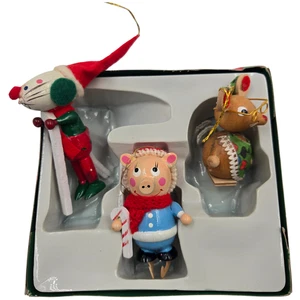 Adornos de Navidad pintados en madera - 2 ratones y cerdo - Juego de 3 en caja - Imagen 1 de 7