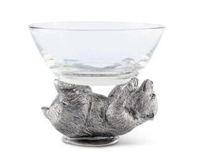 Dip/Nut/Sauce/Condiment Glass Serving Bowl with Solid Pewter Bear Playing Bas... - Image 1 of 4