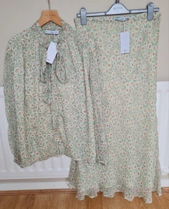 LADIES BNWT MANGO GREEN FLORAL SKIRT & BLOUSE SET SIZE L/XL - Picture 1 of 10
