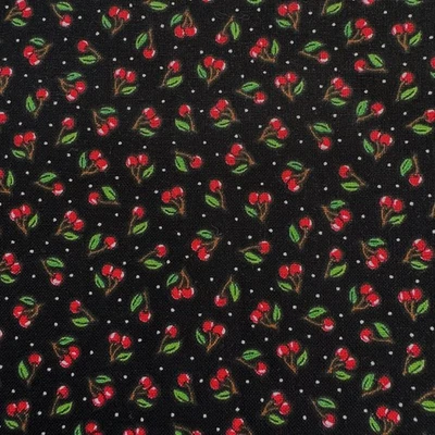 Mary Engelbreit Fabric Tiny Cherries on Black Cotton 1990s Panel 17" x 32" - Image 1 of 4