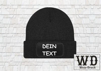 Schwarze Beechfield Mütze zum selber gestalten Wunschtext Wintermütze bedrucken