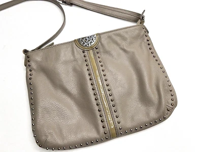 BRIGHTON Pretty Tough Rex Leather Crossbody Bag Purse Silver Studs Taupe 11x9" - Image 1 of 4
