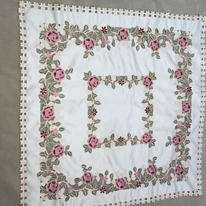 Pansy Floral Table Topper Cut Out Embroidery 33.5x33 in, cream, pink, red, green - Picture 1 of 8