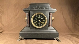 Antique Ingraham "Princess" Black Mantle Clock Lion Head Ornament Runs - Picture 1 of 12