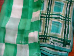 Vtg Vera Neumann Silk Scarf Scarves 2 Green Long Sheer Square Line Japan Ladybug