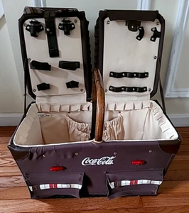 Very Rare Coca Cola "Picnic Time" Picnic Basket Brown Fabric 2 Pocket Handle e7 - Picture 1 of 23