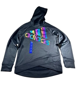 Adidas Girl Rainbow Metallic Performance Hoodie Black New With Tags Size L Gift - Picture 1 of 3