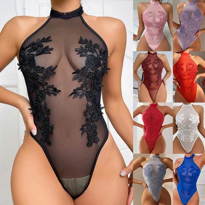 Body slim fit intimo lingerie sexy con fiori e tessuto trasparente - Immagine 1 di 4