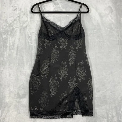 Y2K Babydoll Coquette Lace Trim Slip Mini Dress L Fairycore Black Foral Embossed - Image 1 of 4