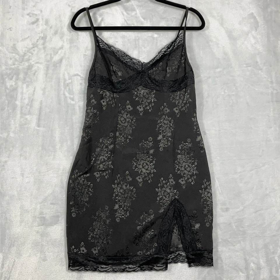 Y2K Babydoll Coquette Lace Trim Slip Mini Dress L Fairycore Black Foral Embossed - Image 1 of 4
