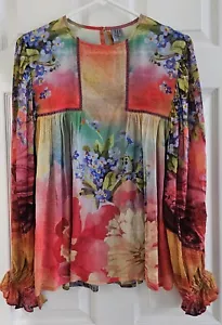 Top túnica pequeño Londres en blanco colorido floral mangas largas plisado volantes boho - Imagen 1 de 9