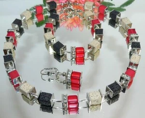 3er Schmuckset Würfel Lava sand schwarz Polaris hellrot rot Strass silber 305r - Bild 1 von 9