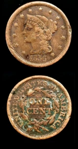 UNITED STATES of AMERICA 1856 1C Slanted 5 BRAIDED HAIR COPPER ONE CENT - NICE - Bild 1 von 2
