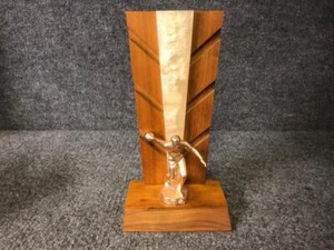 Vintage MCM Butterscotch Bakelite & Wood Mens Bowling Trophy - Picture 1 of 5