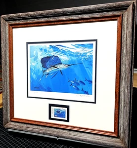 Al Barnes 1996 Texas Salzwasser Briefmarkendruck mit Stempel Segelfisch - brandneuer Rahmen - Bild 1 von 10