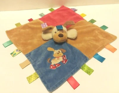 Taggies Mary Meyer Puppy Dog Security Blanket Red Blue Brown Ribbon Tags Satin  - Image 1 of 4