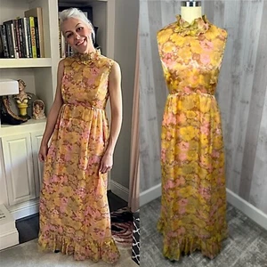1970s Vintage Dress Gold Metallic Disco Empire Waist Gown Lame Hand Sewn S - Picture 1 of 16
