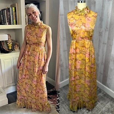 Vestido Vintage Años 70 Dorado Metálico Disco Imperio Cintura Vestido Cojo Cosido a Mano S Foto 1 de 4