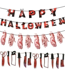 3 Set Halloween Scary Set Banner Party Decoration, Fake Bloody Body Parts,Weapon - Picture 1 of 4