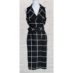 Chadwick’s VTG Linen Black White Belted Sleeveless Shirt Dress 8 M Office Siren - Picture 1 of 7