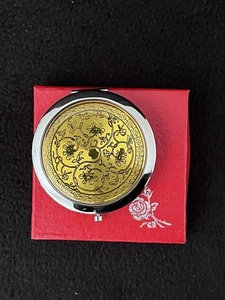 Stainless Steel Gold Floral Engraved Horse Chariot Double Compact Travel Mirror - Picture 1 of 10