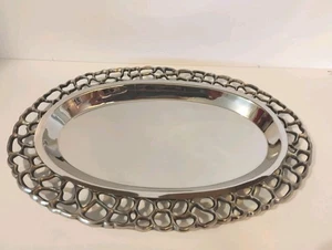L’Objet Stainless Steel Oval Platter Open Work Rim Design 18" - Picture 1 of 7