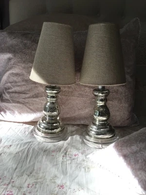 Set of TWO Silver Faux Mercury Glass Accent Lamps Neutral Shade Shabby Chic Farm - Image 1 of 4