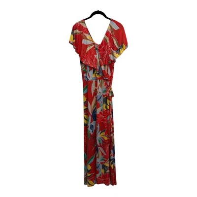 Vestido Janette Plus para mujer 3X maxi envolvente sintético naranja floral volantes cuello en V tropical Foto 1 de 4