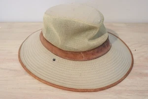 Vintage Orvis Fly Fishing Fishing Hat Boonie Fedora Vented Leather Trim Tan Worn - Picture 1 of 6