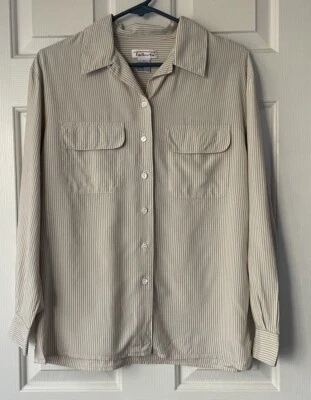talbots women's size 6 brown striped long sleeve 100% silk button down shirt - Image 1 of 4