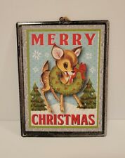 Merry Christmas Retro Reindeer with Wreath Metal Sign Ornament 5.5" Vtg Style 