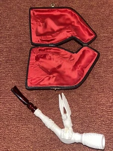 Estate Meerschaum Pipe Carved Eagle In Flight Wings Black Case Red Silk Lined - Picture 1 of 21