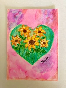 Sunflowers Heart Watercolor Painting Art Gift Original ACEO, ATC - Picture 1 of 4