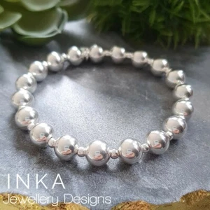 Inka 925 Sterling Silver CHUNKY Plain 8mm beaded Stacking Stretchy Bracelet - Picture 1 of 8