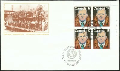 Canada sc#899 Aaron Mosher: Founder of the CLC, UR Imprint Block, FDC - Image 1 of 2