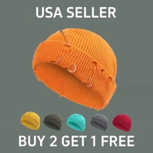 Punk Rock Men Women Gothic Knitted Beanie Cap Warm Rolled Ripped Hiphop Hat - Picture 1 of 14