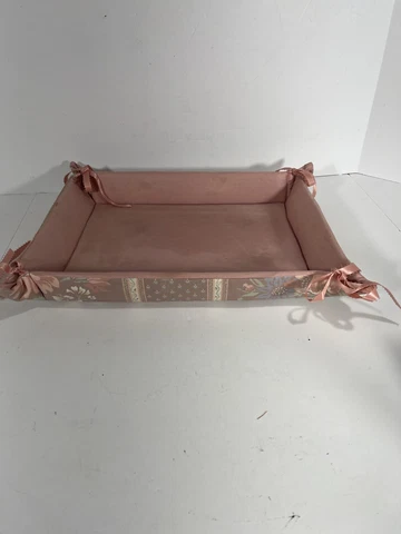 Vintage Floral Fabric Lined Tray Basket W Mid Century Ribbon Lace On Edges Liner Cover
