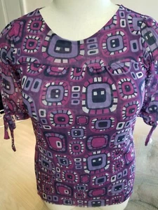 CLEARANCE Women's 3/4 Sleeve w Tie M Purple Nylon Top Blouse Bottom Cut Edge - Picture 1 of 3