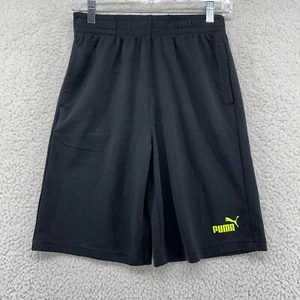 Puma L 14/16 Black Athletic Shorts Yellow Puma Logo Basketball Mesh Pockets - Picture 1 of 10
