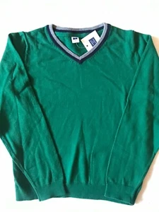 NWT 12 Janie and Jack BOY Tipped VNeck Kelly Green Pullover Knit Cotton Sweater - Picture 1 of 3