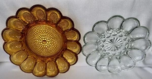 2 Vintage Amber & Clear Glass Deviled Eggs Serving Plate Platter 11” & 9.75” - Picture 1 of 5
