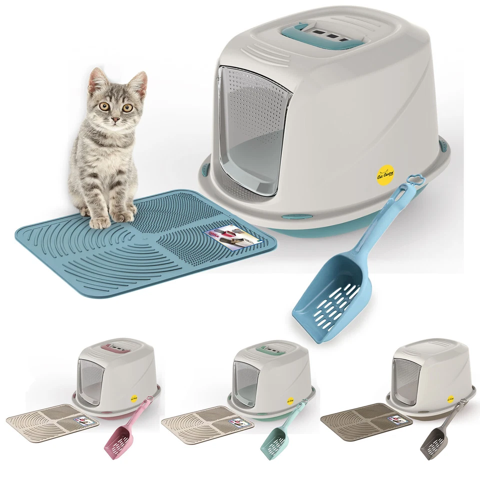 Hooded Litter Box Kitten Cat Tray +Scoop +Mat Covered Toilet Loo Medium or Jumbo
