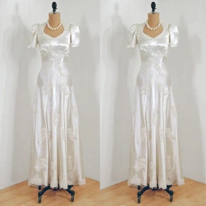Satin Wedding Dresses Short Sleeve Floral Elegant A-Line White Ivory Bridal Gown - Picture 1 of 9