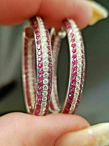 2.00Ct Round Cut Pink Sapphire Women's Huggie Hoop Earring 14k White Gold Finish - Picture 1 of 7